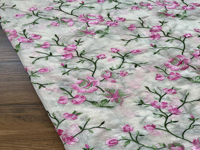 Off-white Floral Embroidered Chanderi Fabric