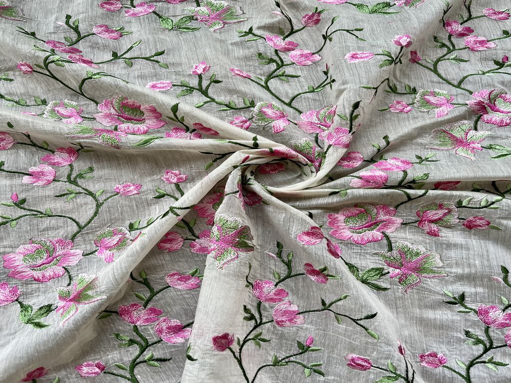 Off-white Floral Embroidered Chanderi Fabric