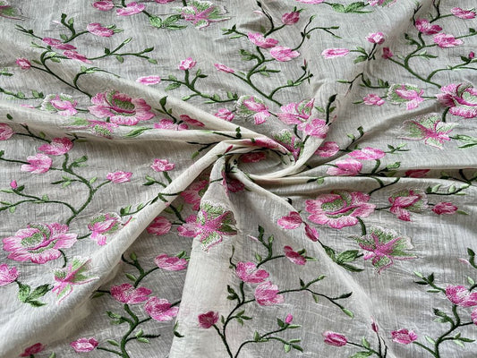 Off-white Floral Embroidered Chanderi Fabric