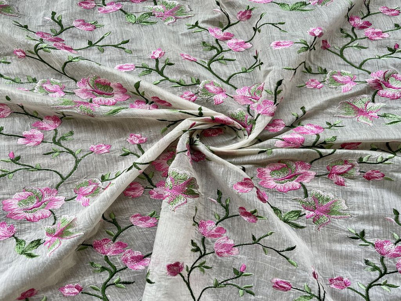 Off-white Floral Embroidered Chanderi Fabric