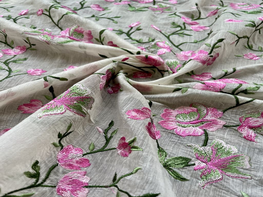 Off-white Floral Embroidered Chanderi Fabric