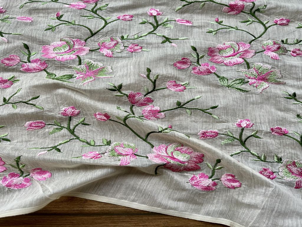 Off-white Floral Embroidered Chanderi Fabric