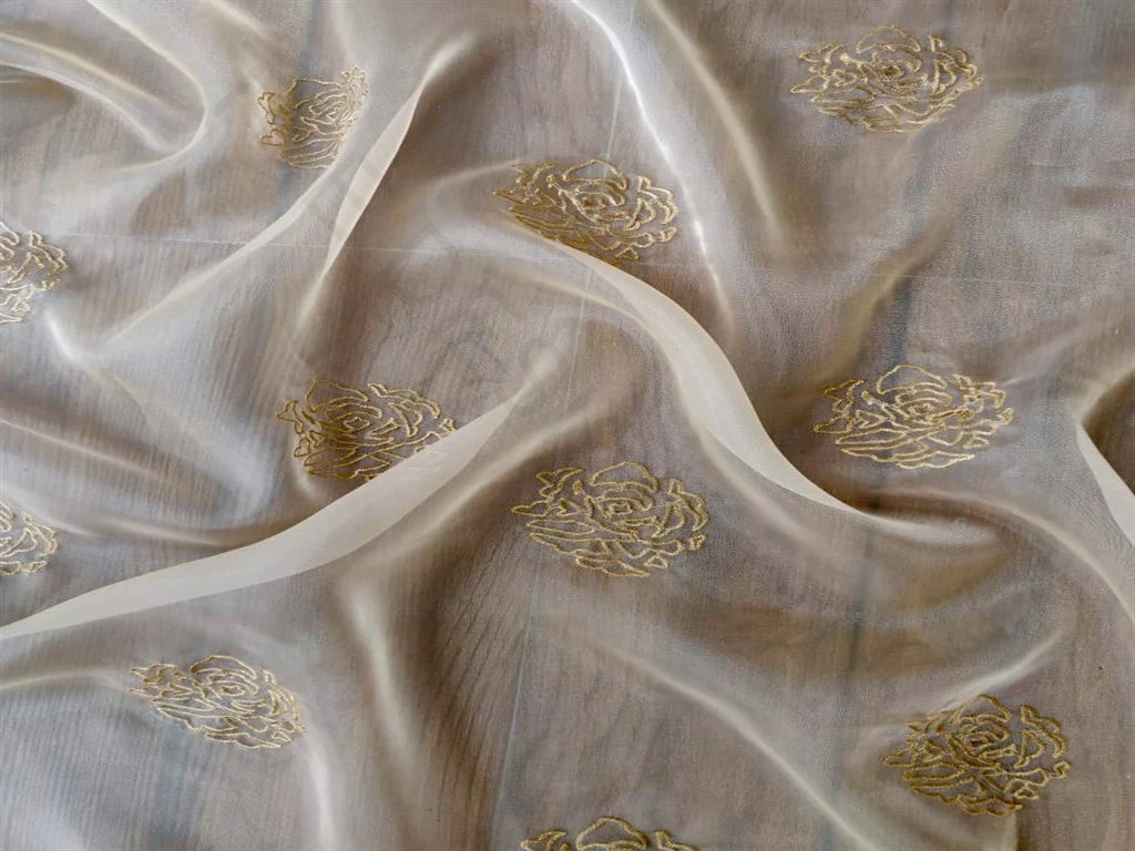 Cream Golden Floral Embroidered Organza Fabric