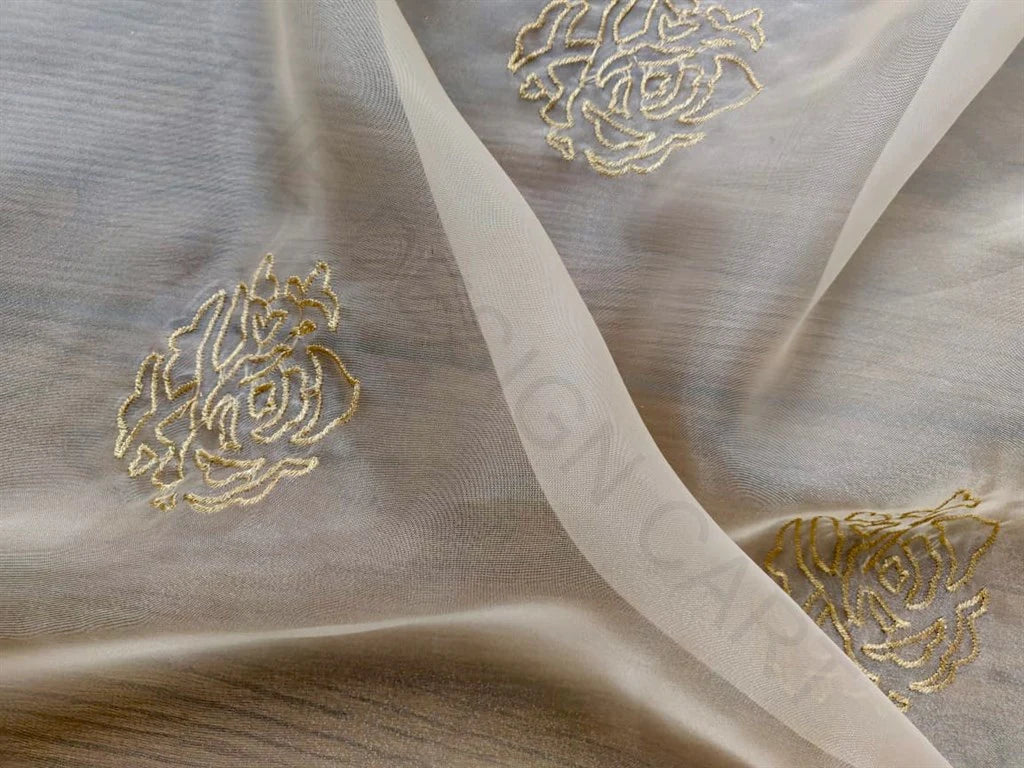 Cream Golden Floral Embroidered Organza Fabric