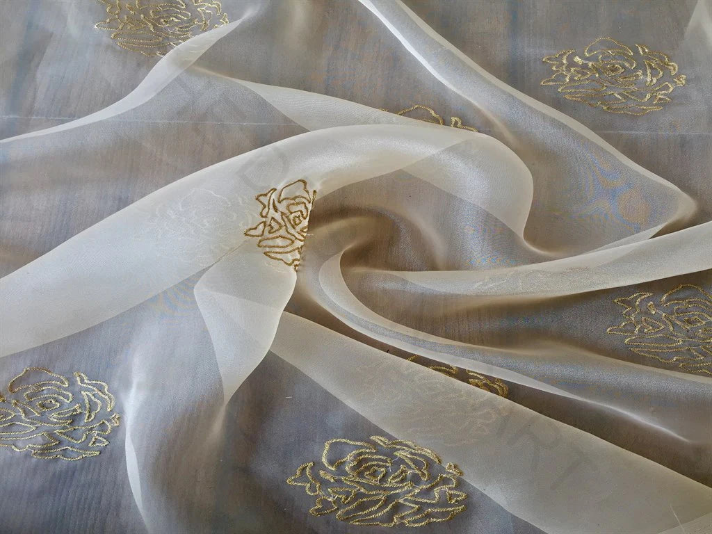 Cream Golden Floral Embroidered Organza Fabric
