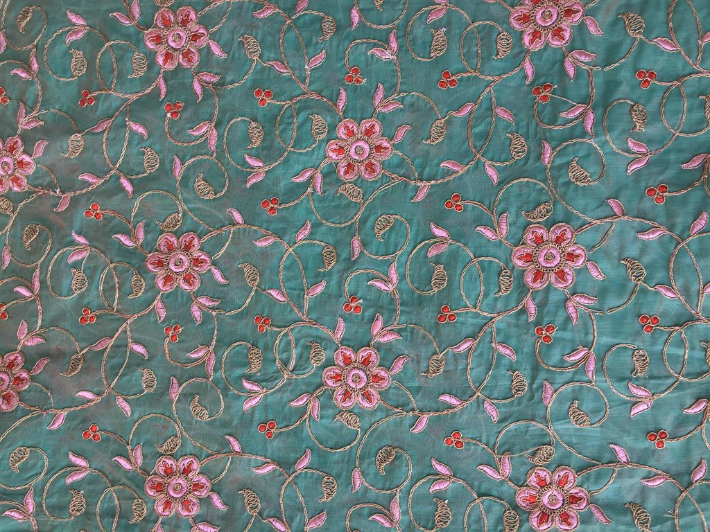 Green Floral Embroidered Chanderi Fabric