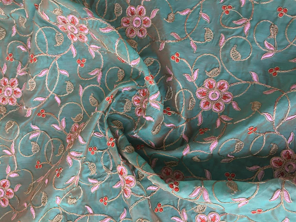 Green Floral Embroidered Chanderi Fabric