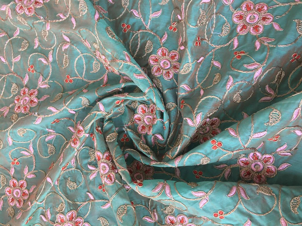 Green Floral Embroidered Chanderi Fabric