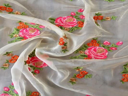 White Pink Floral Organza Fabric