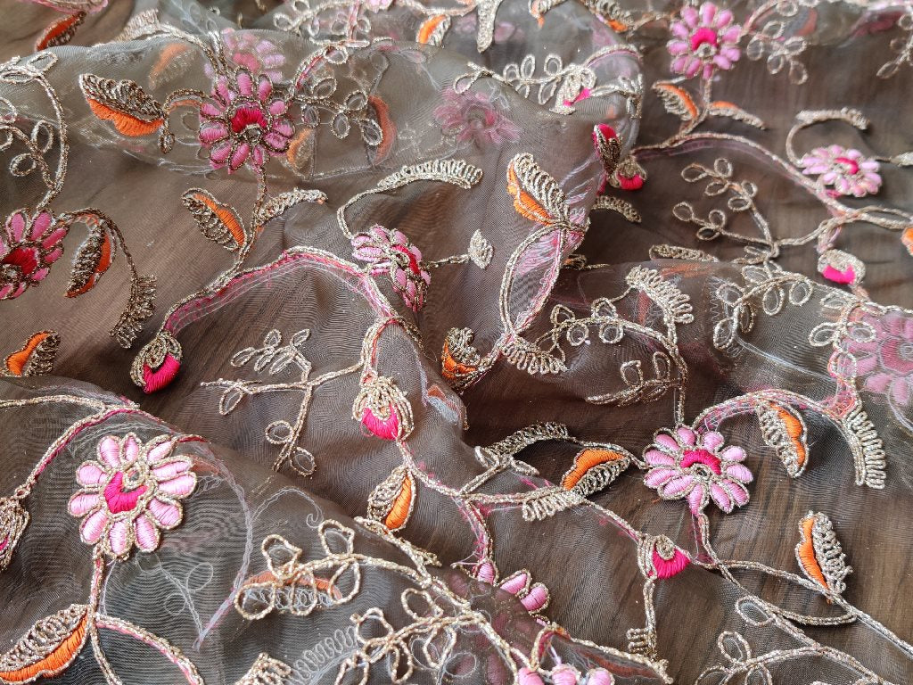 Olive Green Glitter Dori Multicolour Threadwork Organza Fabric