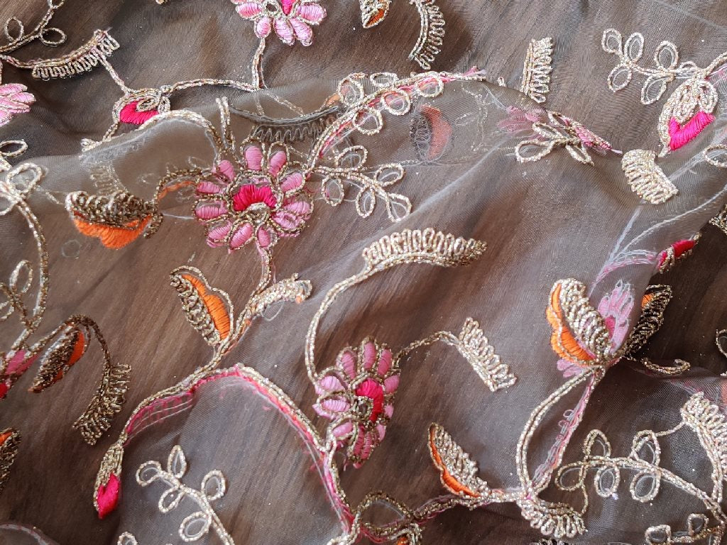 Olive Green Glitter Dori Multicolour Threadwork Organza Fabric