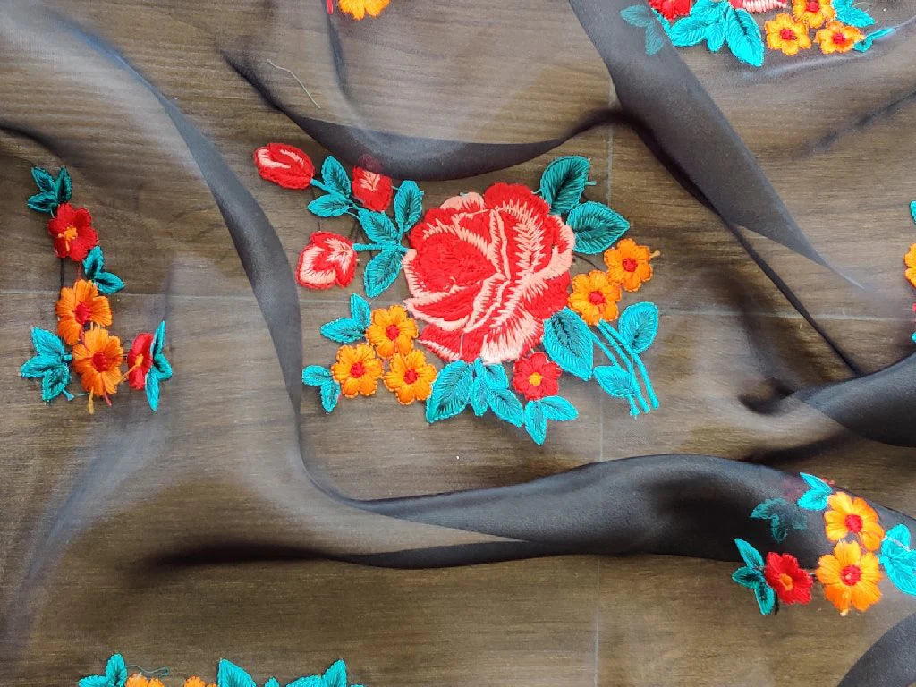 Black Multicolour Threadwork Organza Fabric