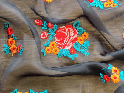 Black Multicolour Threadwork Organza Fabric