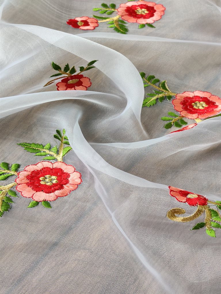 White Red Floral Embroidered Organza Fabric