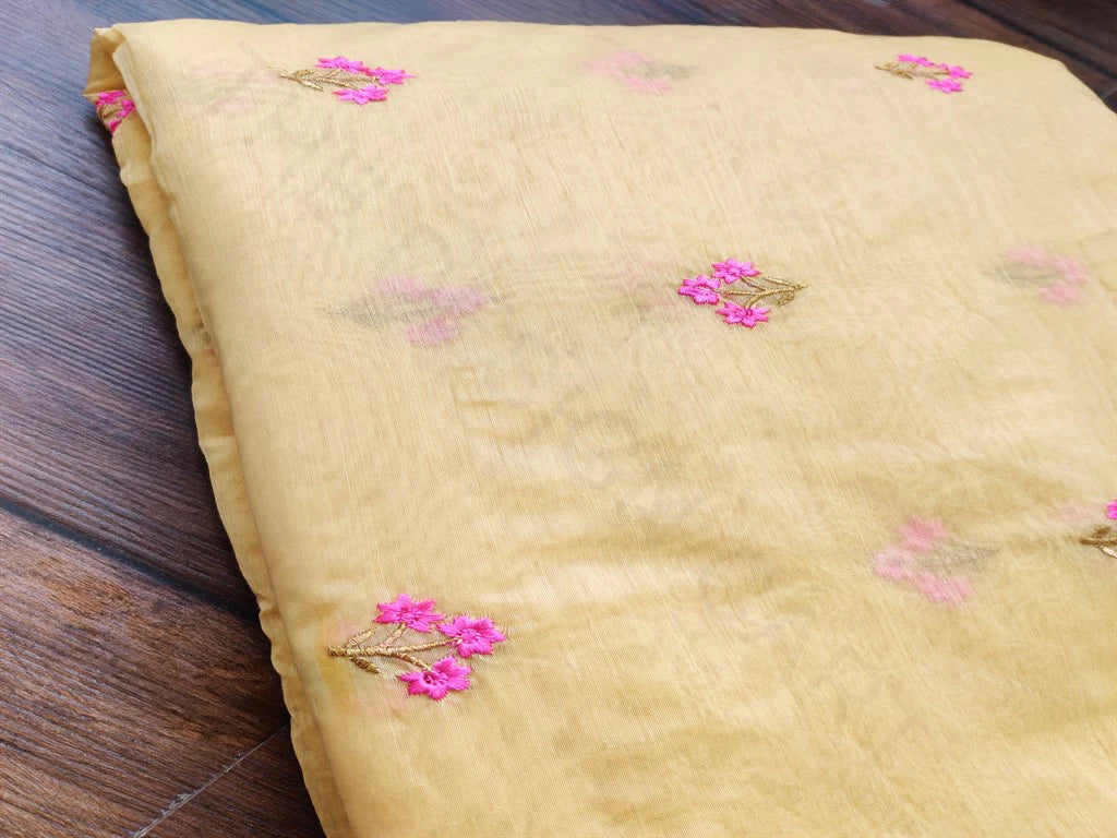 Yellow Embroidered Floral Chanderi Fabric