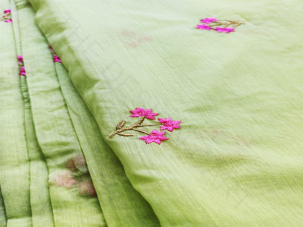 Green Floral Embroidered Chanderi Fabric