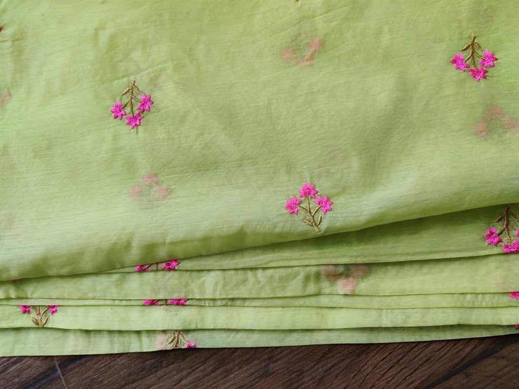 Green Floral Embroidered Chanderi Fabric