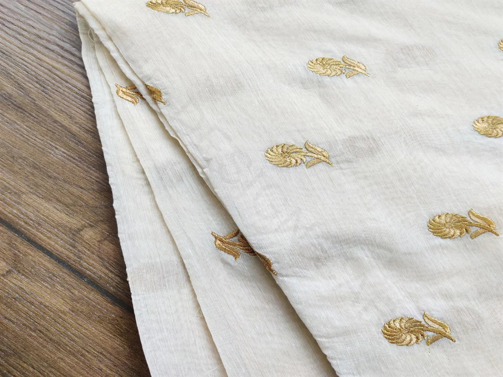 Off White Golden Floral Embroidered Chanderi Fabric