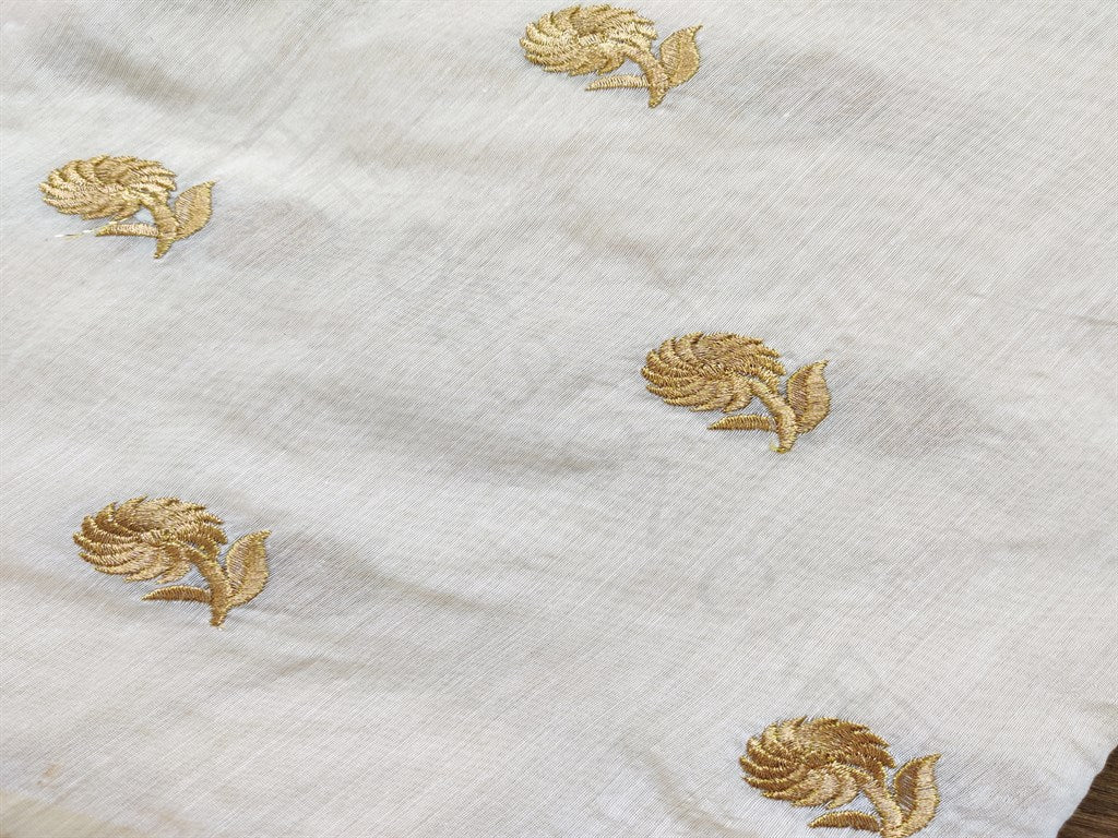 Off White Golden Floral Embroidered Chanderi Fabric
