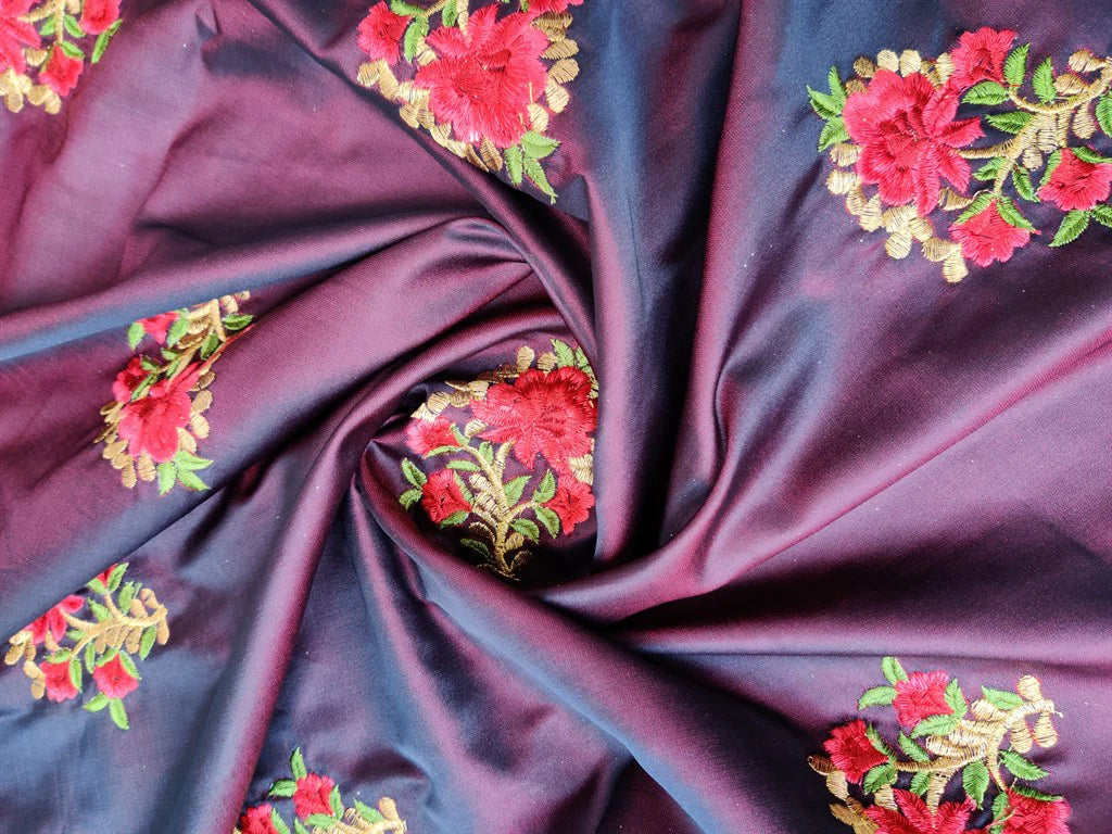 Maroon Embroidered Floral Taffeta Silk Fabric