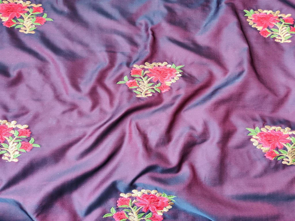 Maroon Embroidered Floral Taffeta Silk Fabric