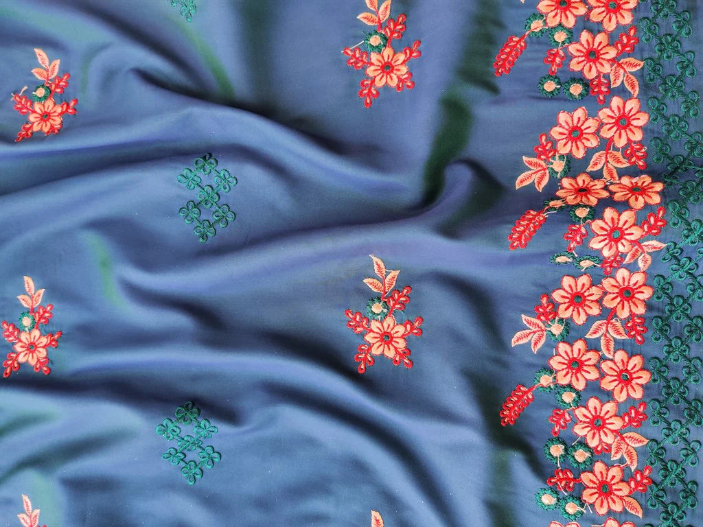 Blue Floral Embroidered Soft Taffeta Silk Fabric