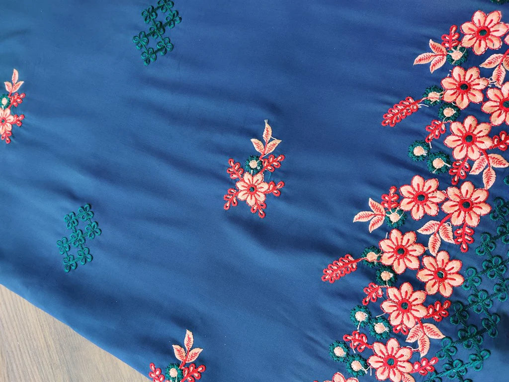Blue Floral Embroidered Soft Taffeta Silk Fabric
