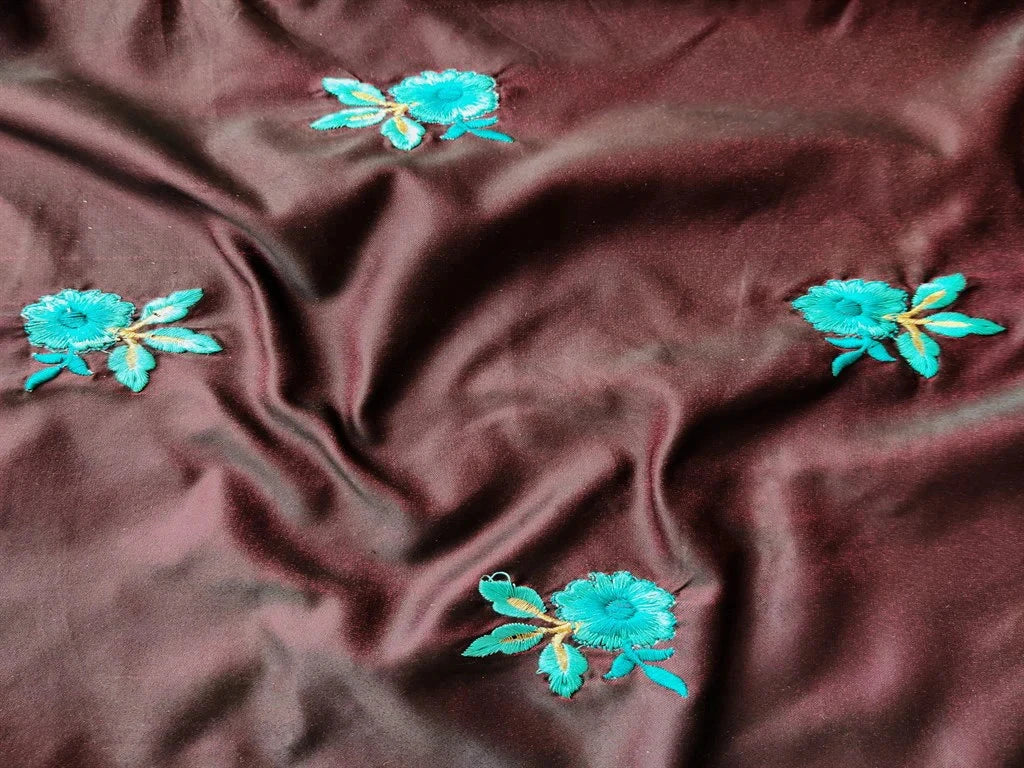 Maroon Floral Embroidered Soft Taffeta Silk Fabric