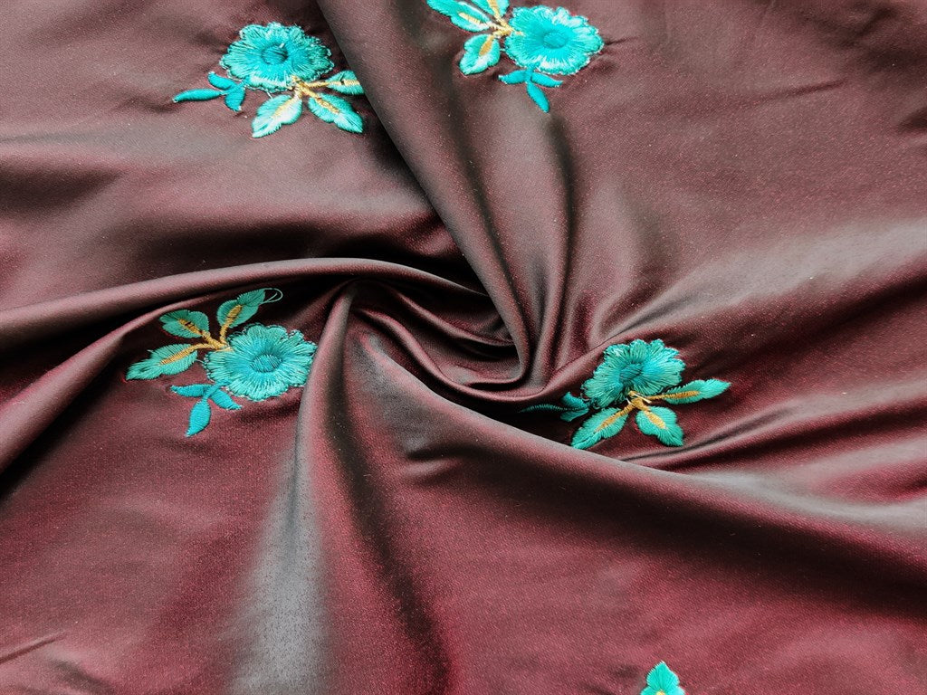 Maroon Floral Embroidered Soft Taffeta Silk Fabric