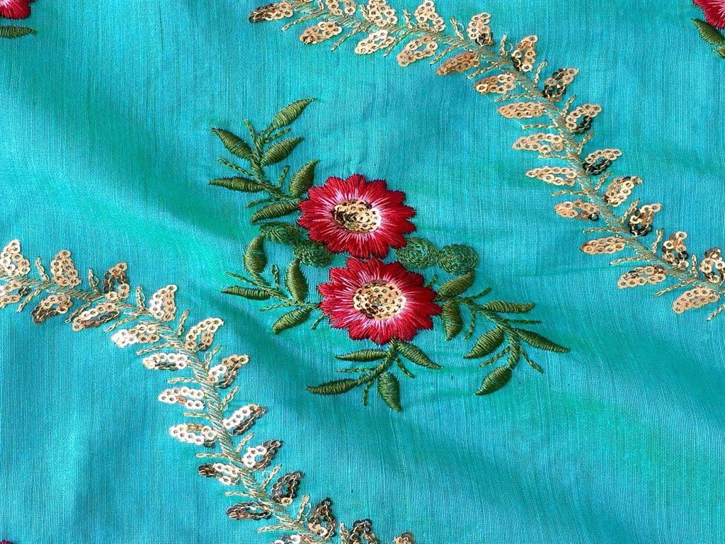 Blue Floral Design Chanderi Silk Fabric