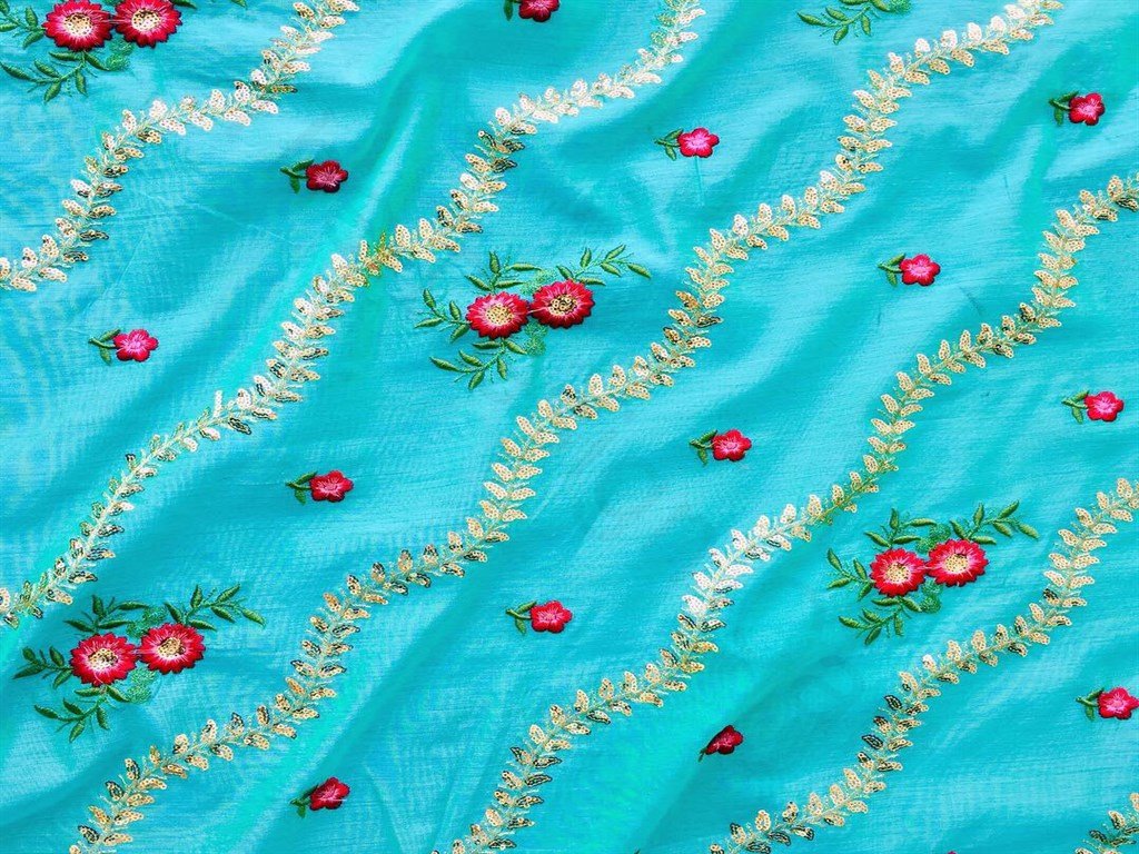 Blue Floral Design Chanderi Silk Fabric