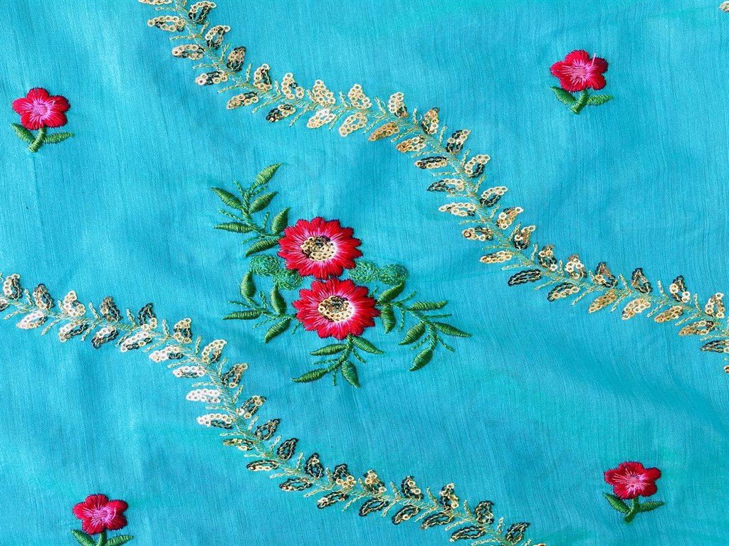 Blue Floral Design Chanderi Silk Fabric