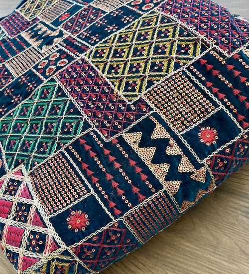 Multicolor Geometric Velvet With All Over Multi Embroidery Work Fabric