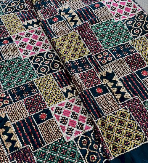 Multicolor Geometric Velvet With All Over Multi Embroidery Work Fabric