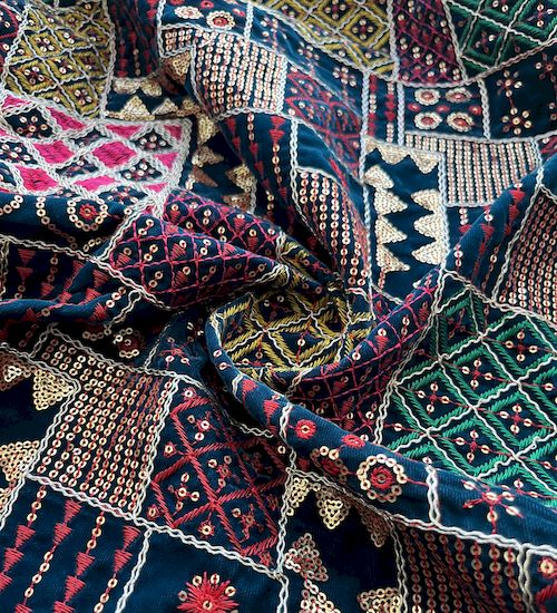 Multicolor Geometric Velvet With All Over Multi Embroidery Work Fabric