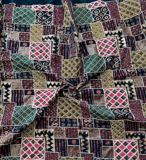 Multicolor Geometric Velvet With All Over Multi Embroidery Work Fabric