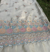White Traditional Dyeable With Pastel Sequins Embroidery Golden Tissue Silk Fabric