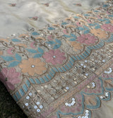 White Traditional Dyeable With Pastel Sequins Embroidery Golden Tissue Silk Fabric