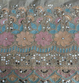 White Traditional Dyeable With Pastel Sequins Embroidery Golden Tissue Silk Fabric