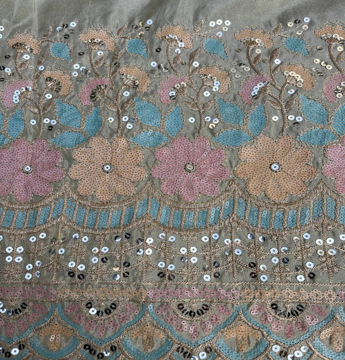 White Traditional Dyeable With Pastel Sequins Embroidery Golden Tissue Silk Fabric