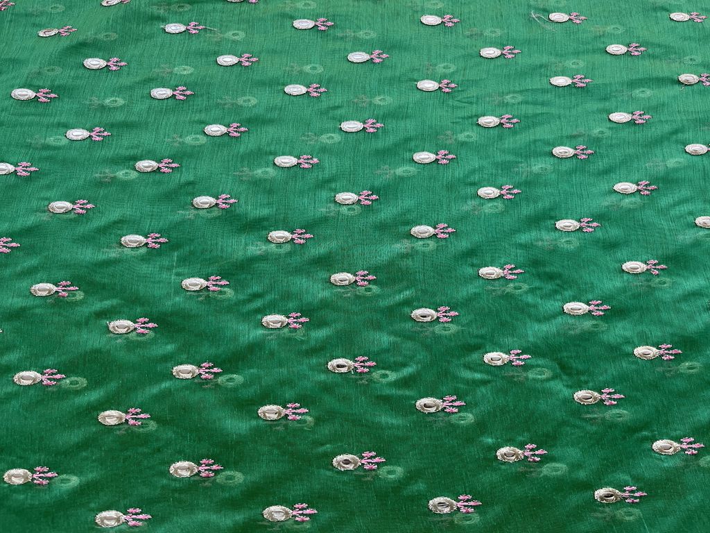Green Chanderi with Faux Mirror Work Embroidered Motifs