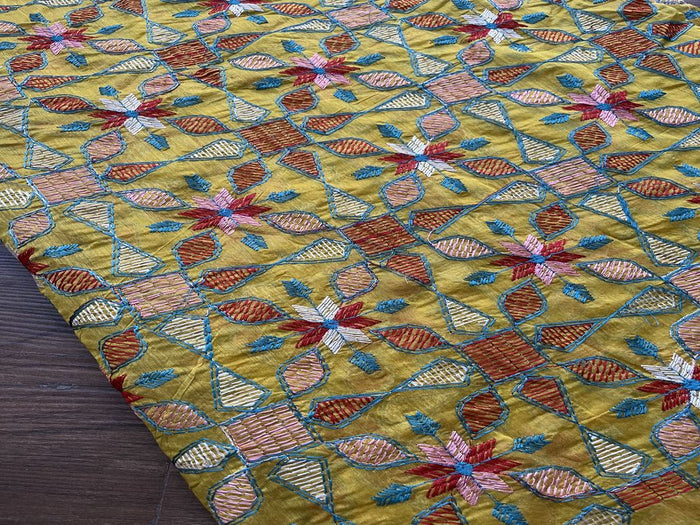 Yellow Multicolored Kantha Work Embroidered Chanderi Fabric