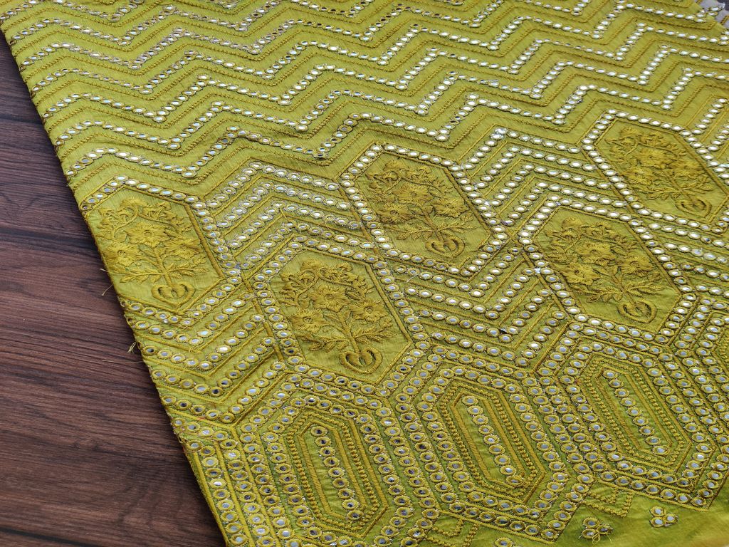 Lime Green Mirror Work Embroidered Chanderi Fabric