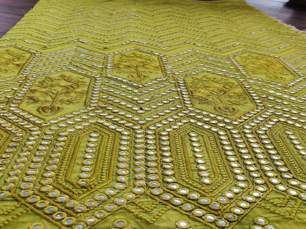 Lime Green Mirror Work Embroidered Chanderi Fabric