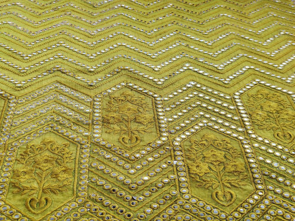 Lime Green Mirror Work Embroidered Chanderi Fabric
