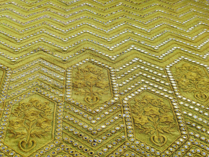 Lime Green Mirror Work Embroidered Chanderi Fabric