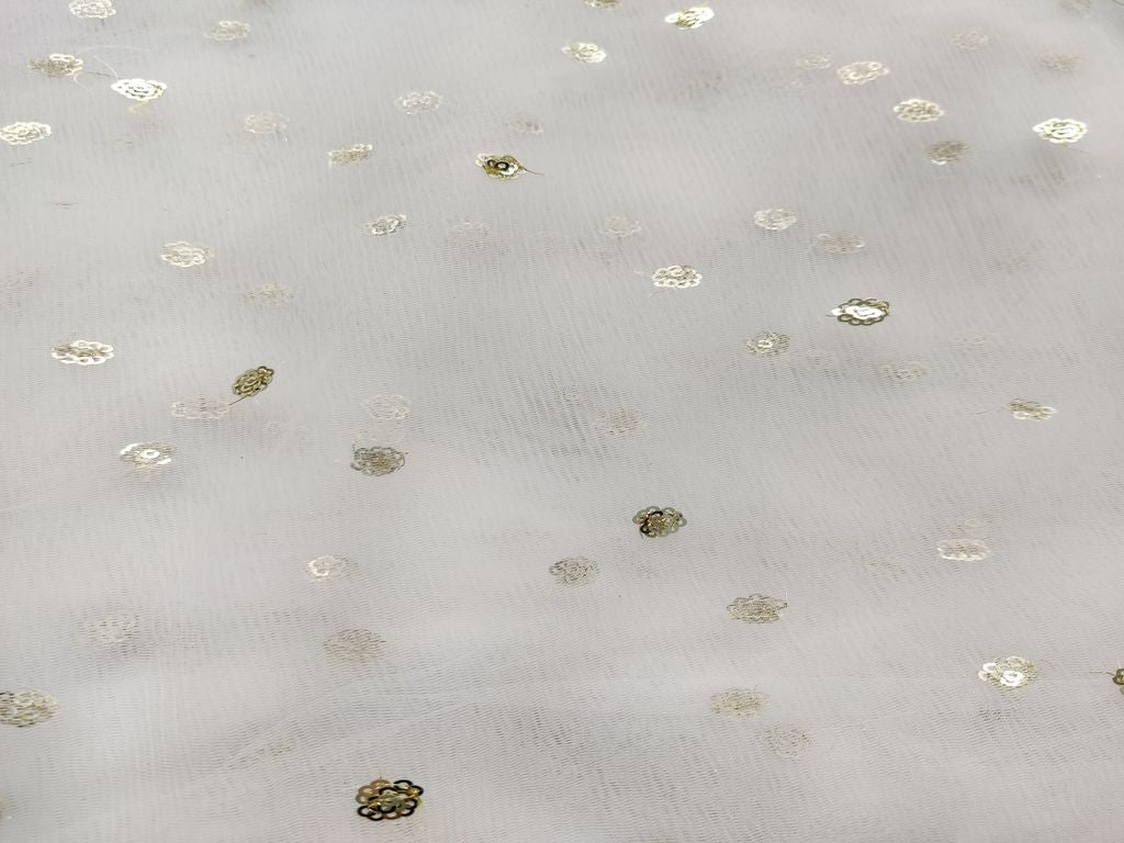 White Dyeable Mono Net With Golden Sequins Net Fabric
