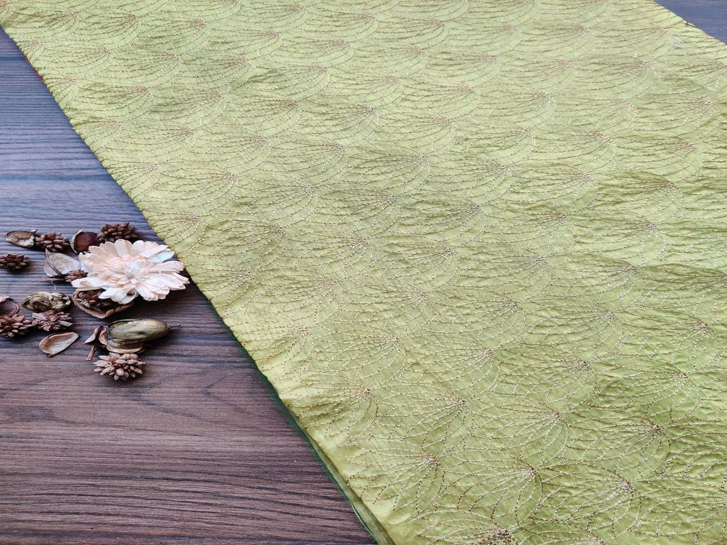 Green Golden Abstract Embroidered Chanderi Fabric