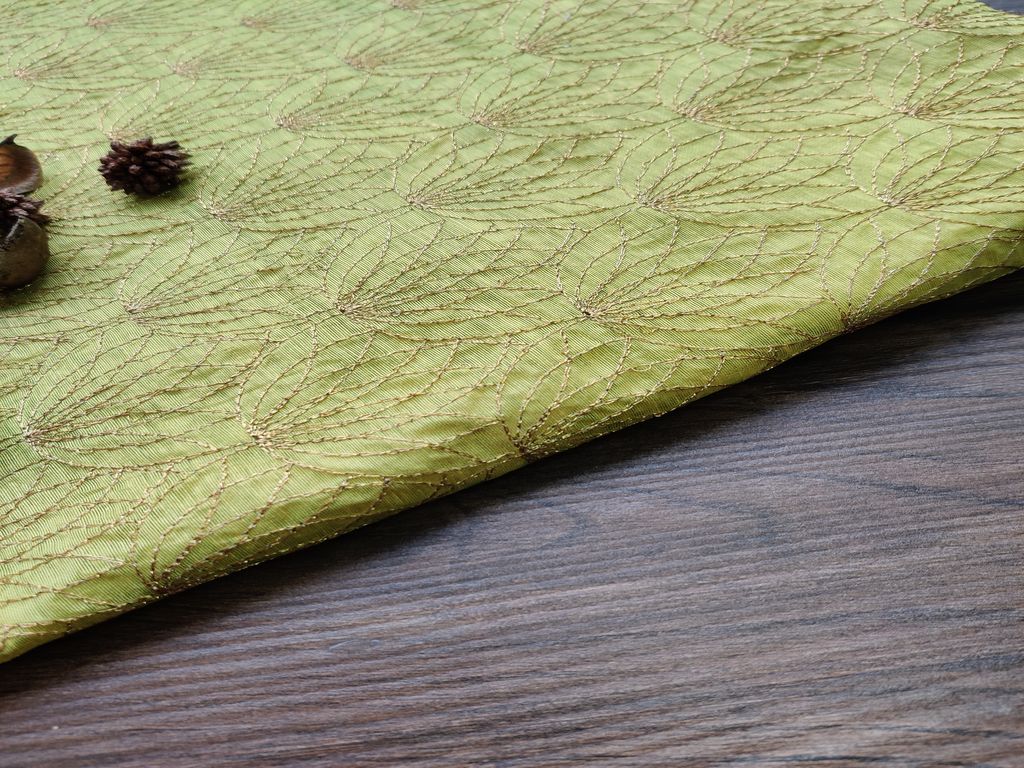 Green Golden Abstract Embroidered Chanderi Fabric