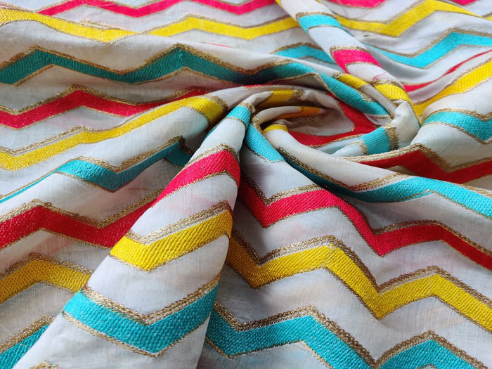 White Multicolored Chevron Embroidered Chanderi Fabric